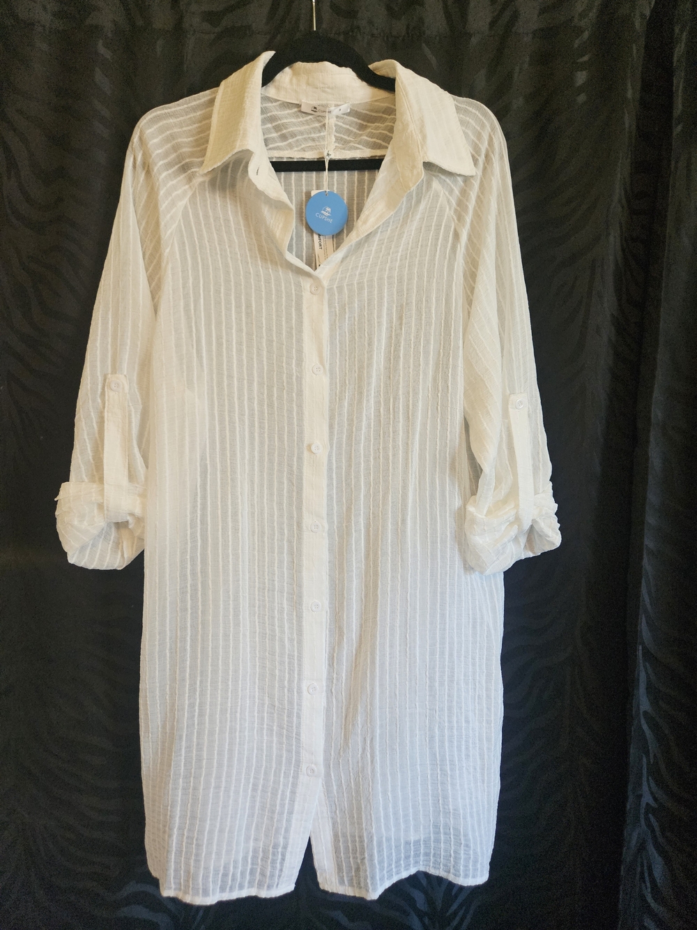 Cupshe White Sheer Striped Button-Up Swim Coverup